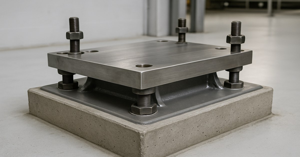 Epoxy grout poured under a steel machine baseplate on a concrete equipment foundation